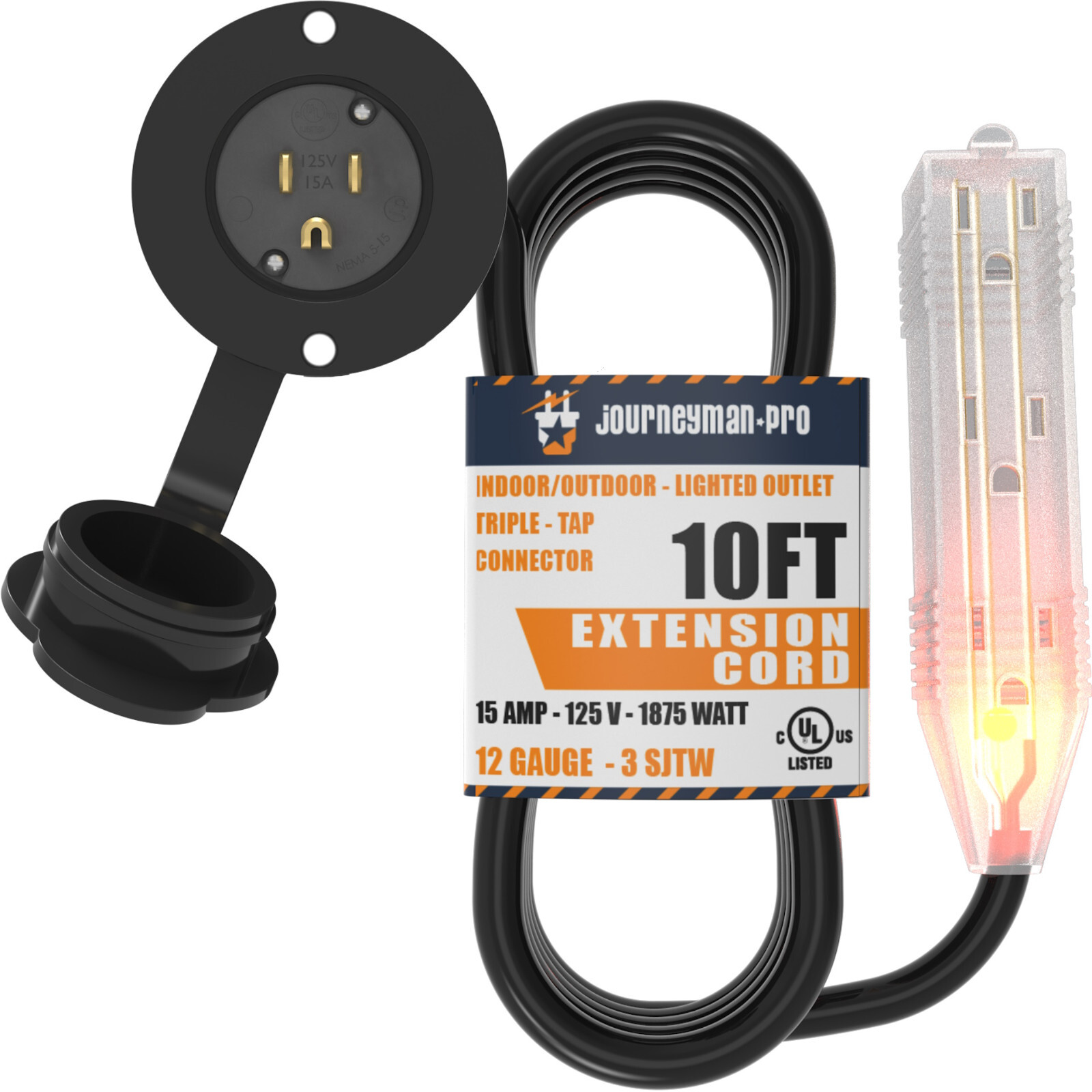10 Foot 3-way multi outlet 15A Flanged Inlet Port Extension Cord Plug Black GCP1 gallery