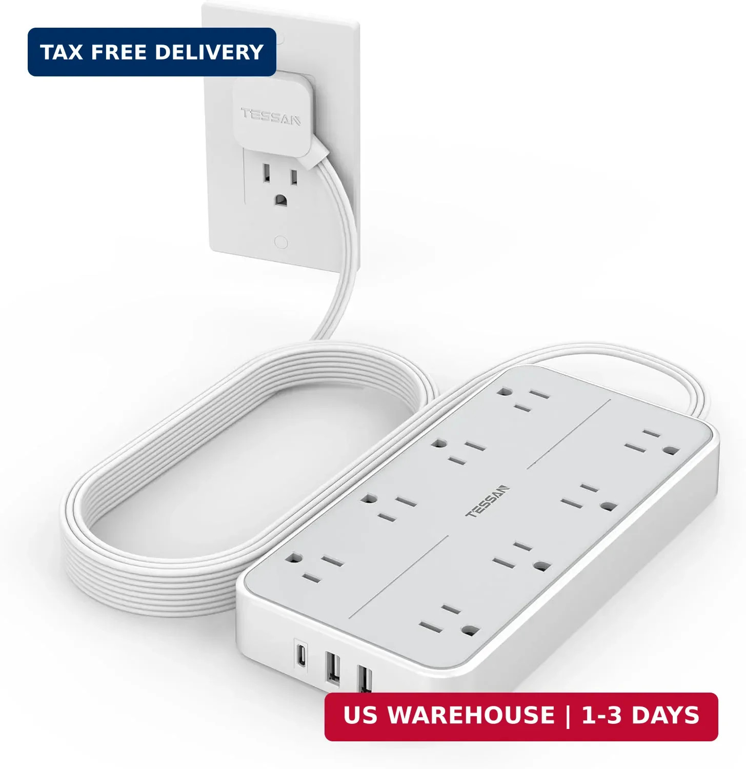 TESSAN Power Strip Surge Protector, 10FT Flat Plug Extension Cord with 8 Outlets gallery