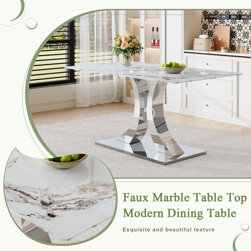 63-inch White Glass Dining Table Set with 4 U-Shaped Armchairs gallery