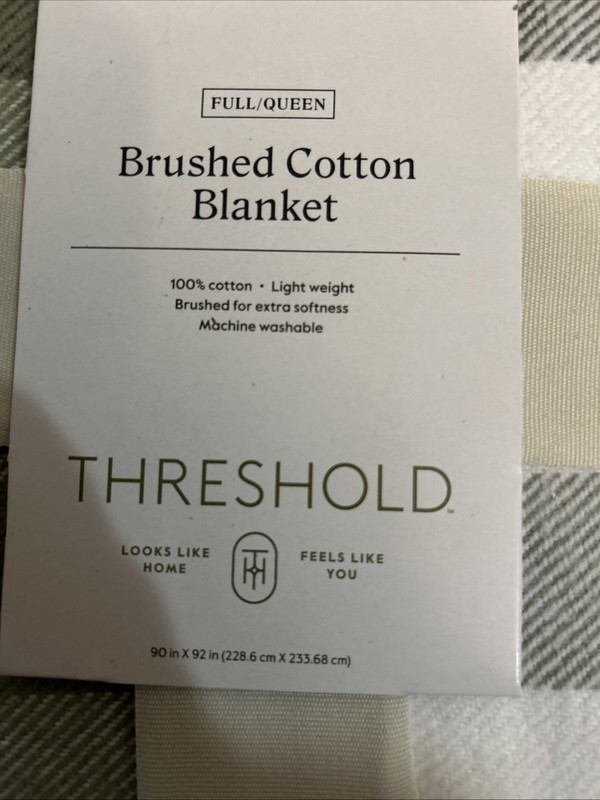 Threshold Full/Queen Brushed Cotton Blanket Cream & Green 90 in x 92 in New gallery