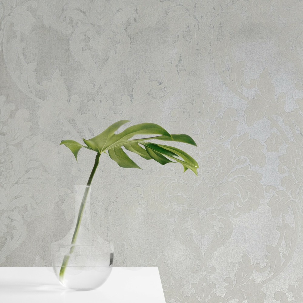 Embossed flocking taupe tan off white Flocked Victorian damask velvet Wallpaper
