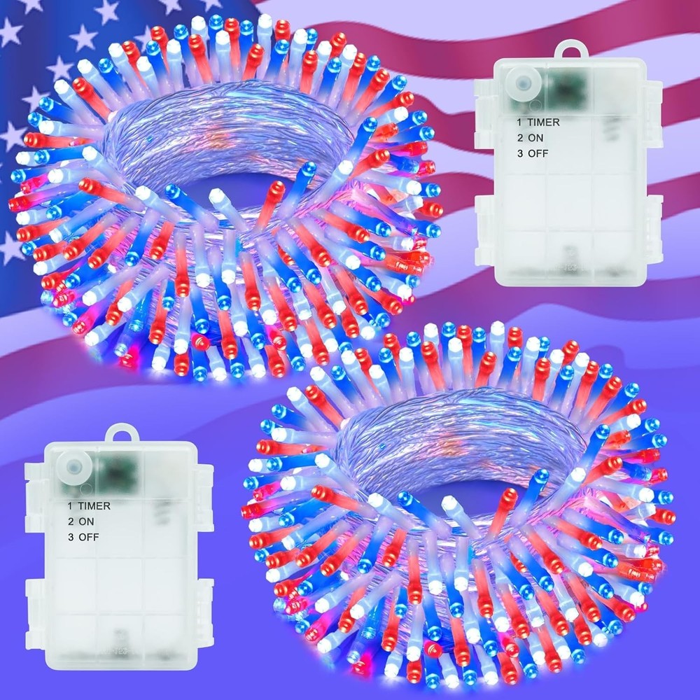 Red White and Blue Lights String for 4th of July Decorations Outdoor Total 100 L