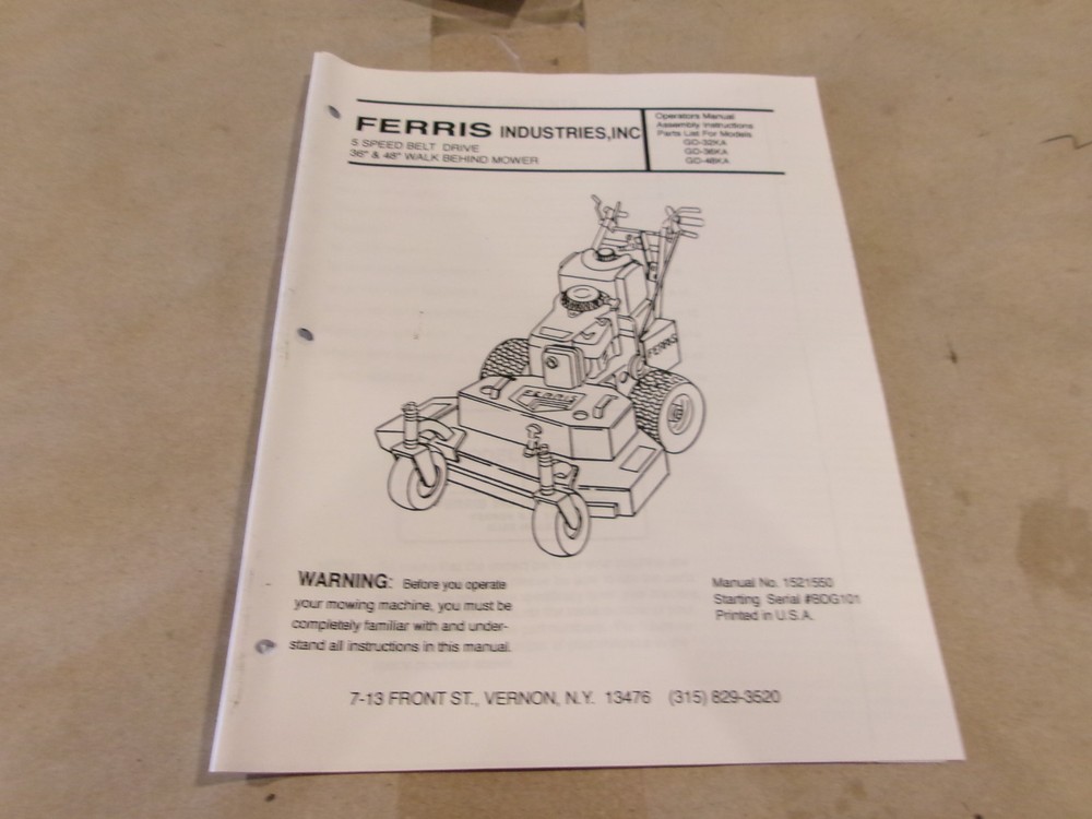 FERRIS OPERATORS MANUAL AND ASSEMBLY INSTRUCTIONS PARTS LIST FOR MULTIPLE MODELS