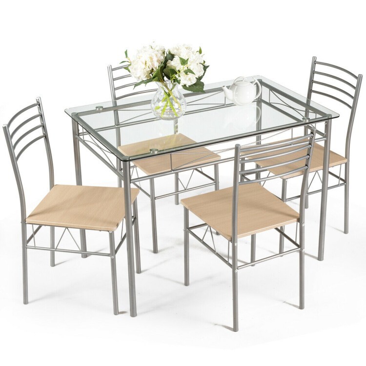 Costway 5 Pcs Dining Set Table & 4 Chairs Glass Top Kitchen Breakfast Furniture gallery