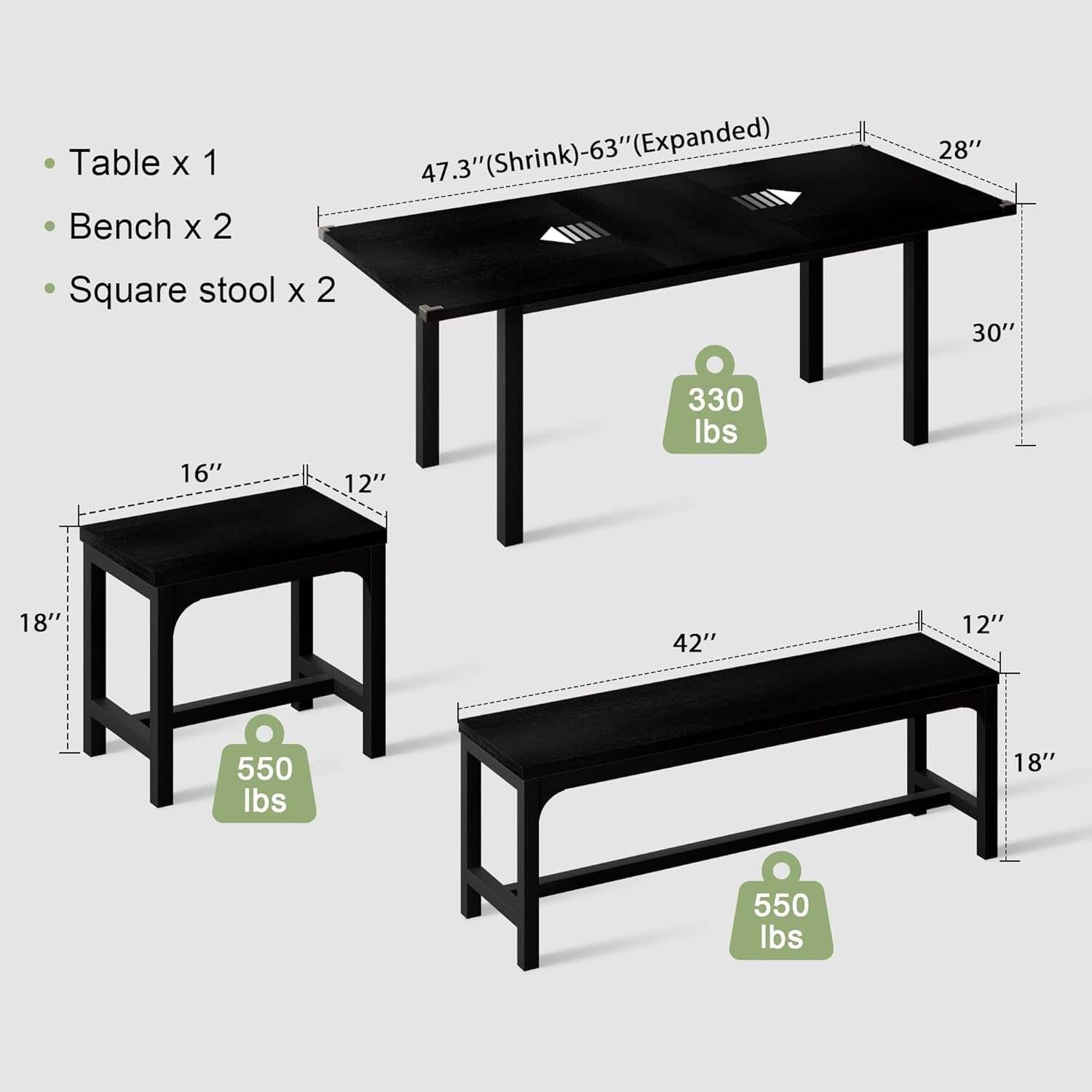 63 Inch Extendable Dining Table Set Black For 4 To 8 gallery