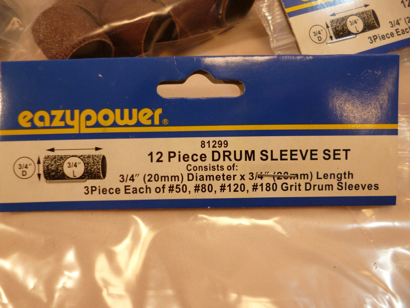 72 ASSORTED 3/4" X 3/4" SANDING DRUM SLEEVES 50, 80, 120, & 180 GRIT EAZYPOWER gallery