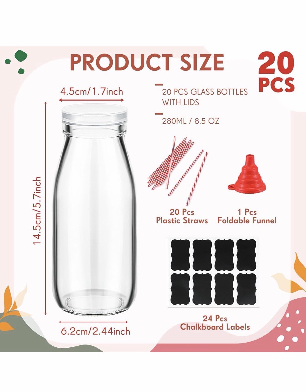 20 Clear Glass Bottles 280ml with Snap Lids, Straws, Funnel, Chalkboard Labels gallery
