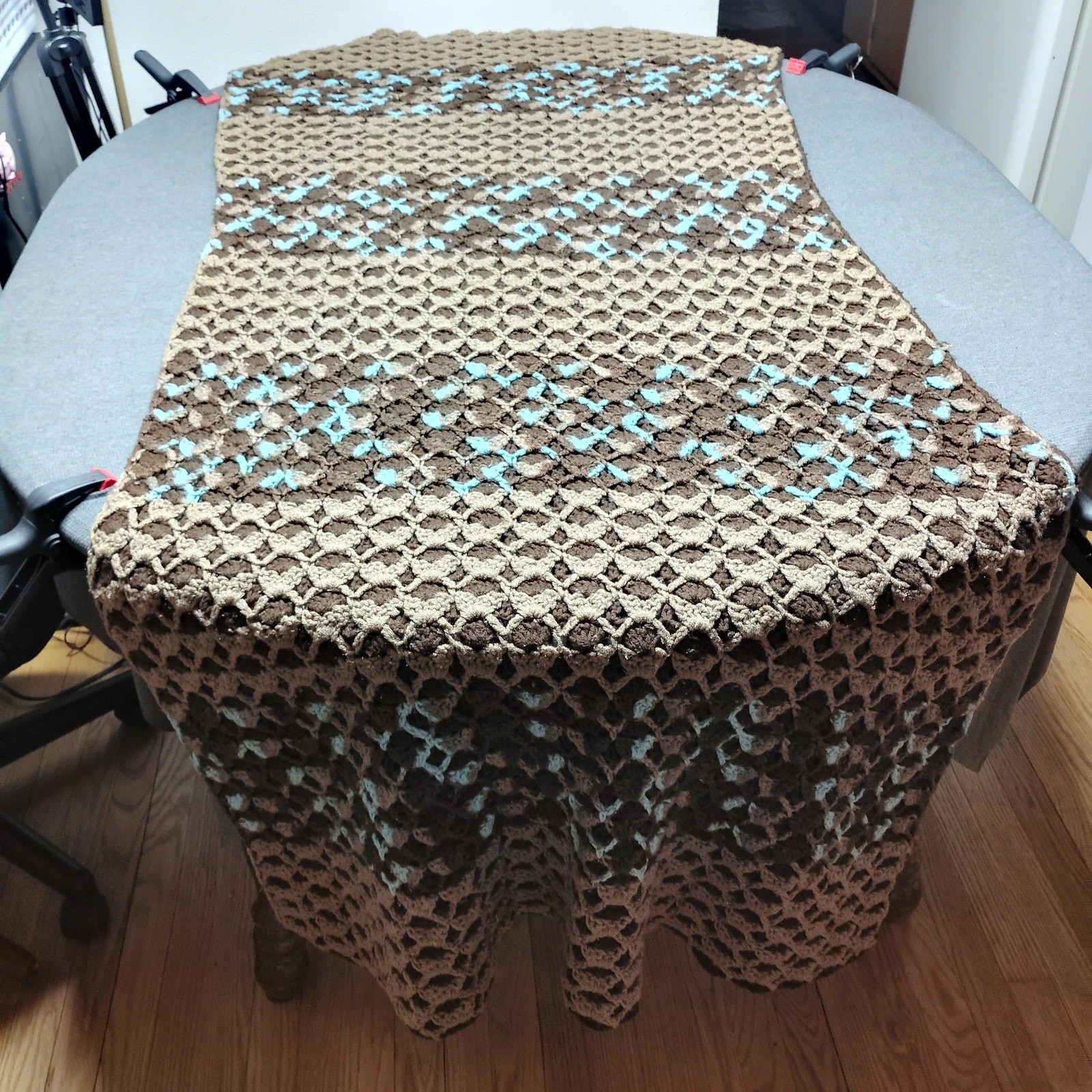 Handmade Crochet Afghan Throw Blanket in Brown Tan and Turquoise Blue 77 x 30" gallery