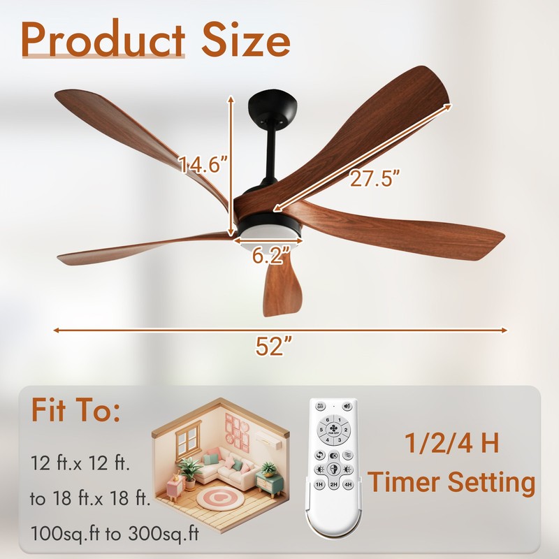 Sofucor 52" Brown Ceiling Fan w/ Light Dimmable LED Quiet DC Motor ETL/FCC gallery