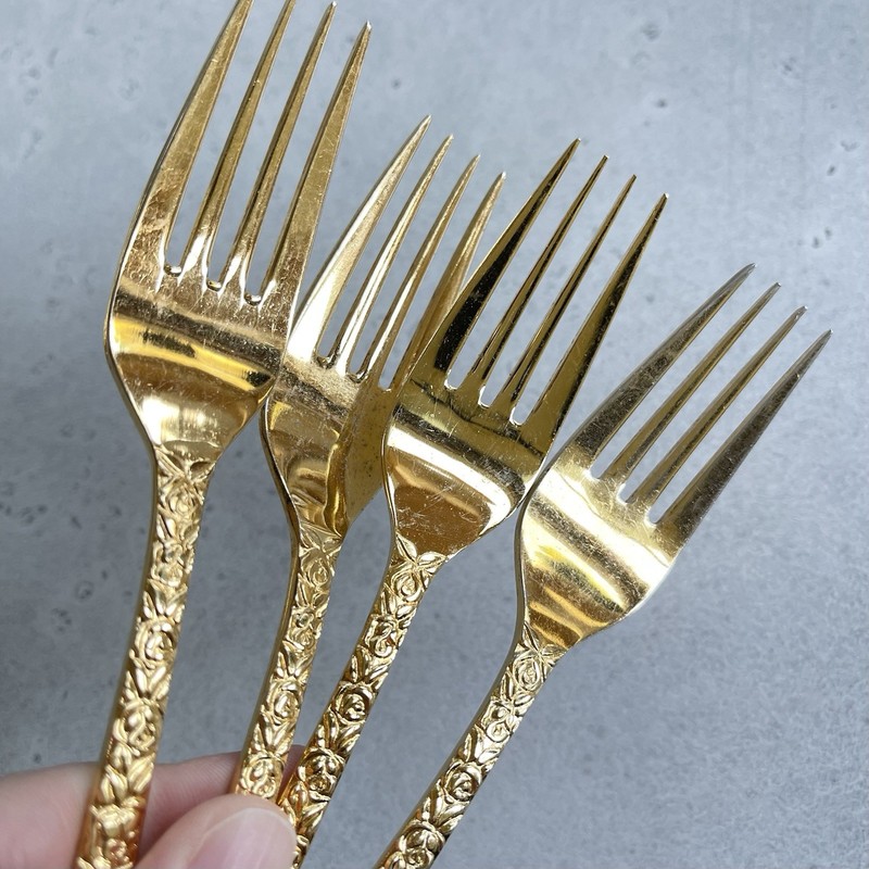 13 Pc Gold Tone Electroplated Stainless Flatware Rose Floral Japan Forks Knives gallery