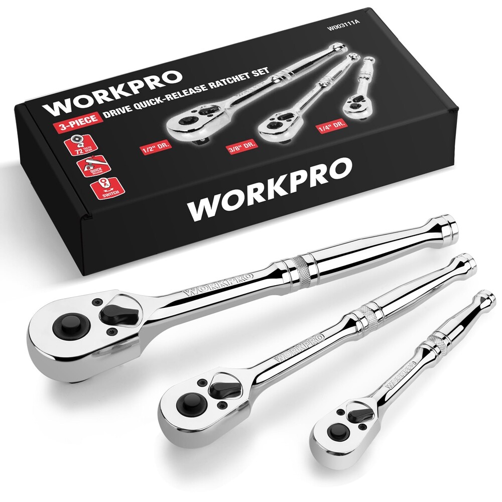WORKPRO 3PC Ratchet Set Quick Release Reversible 72-Tooth 1/4" 3/8" 1/2" Drive gallery