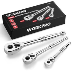 WORKPRO 3PC Ratchet Set Quick Release Reversible 72-Tooth 1/4″ 3/8″ 1/2″ Drive