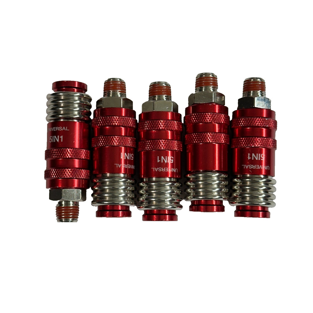 5 Pack Universal 5in1 Quick Coupler Red Aluminum 1/4” NPT Male Air Hose Fitting