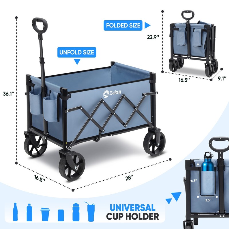 Sekey Wagon: 220LBS capacity, big wheels, foldable for shopping & camping. Blue. gallery