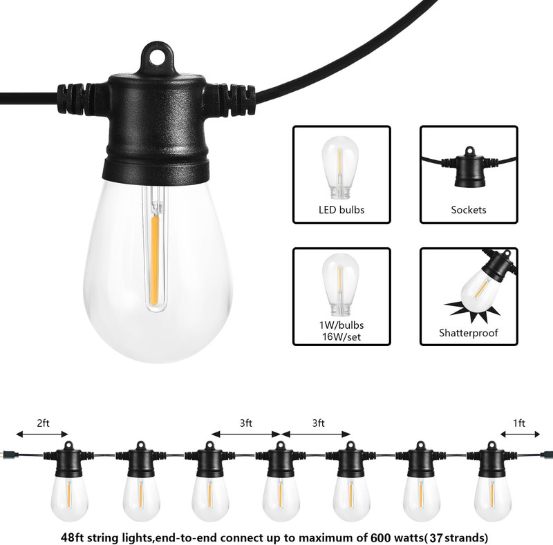 48FT LED Outdoor String Light, Connectable for Patio, Backyard, Garden, Party gallery