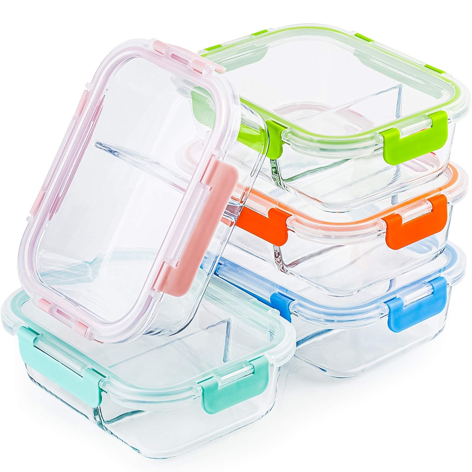 CREST Glass Meal Prep Containers 2 Compartment Set, 5-Pack, 34oz,Divided Bent... gallery