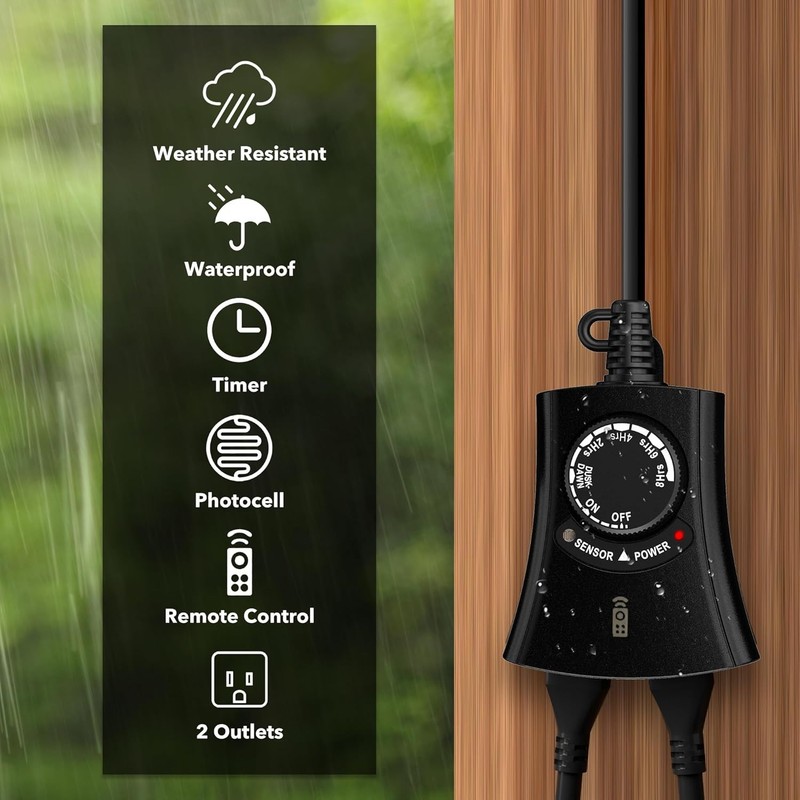HBN Outdoor Light Timer with Remote Control, Waterproof Light Sensor, 2 Outlets gallery