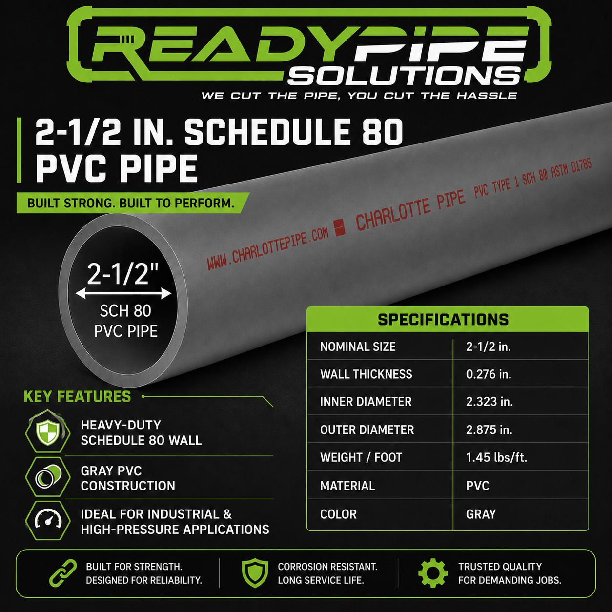 2-1/2" Schedule 80 PVC Pipe| Gray | Custom Cut Lengths 12"-108" | Pressure Rated gallery