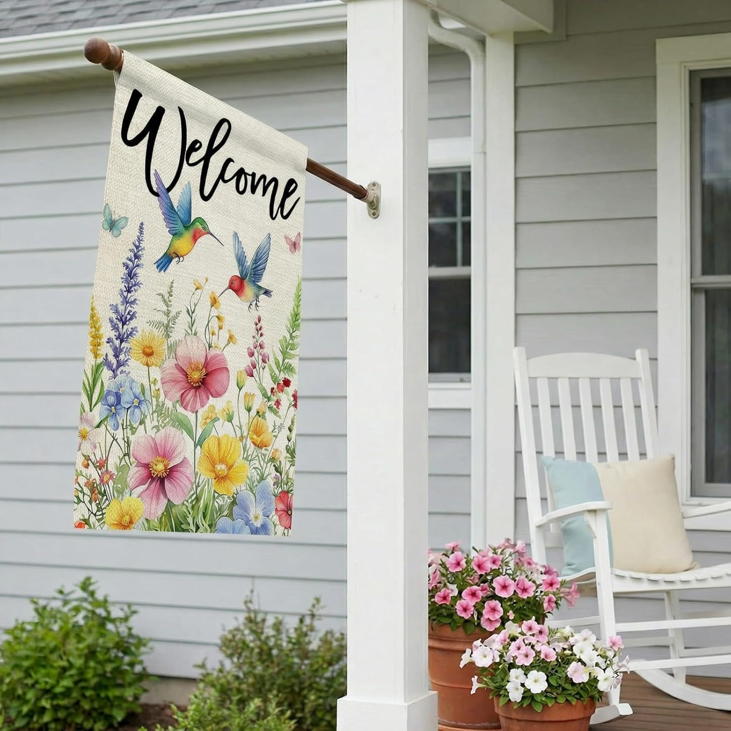 Spring House Flag Floral Hummingbirds Double Sided 28x40 Inches gallery