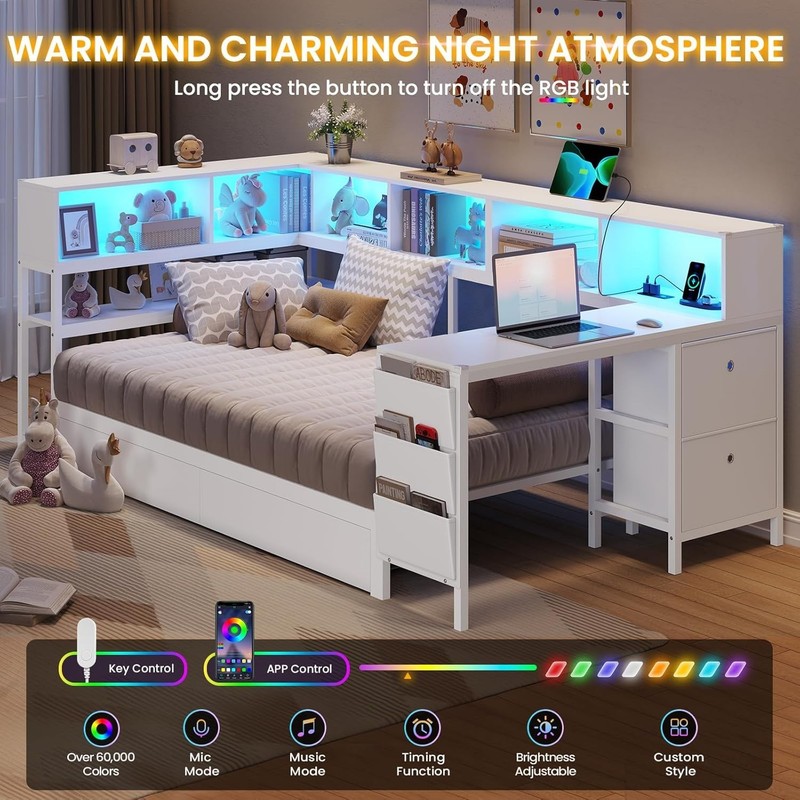 Twin Corner Bed Frame Daybed with Desk,Bookcase Storage,Charging Station, gallery