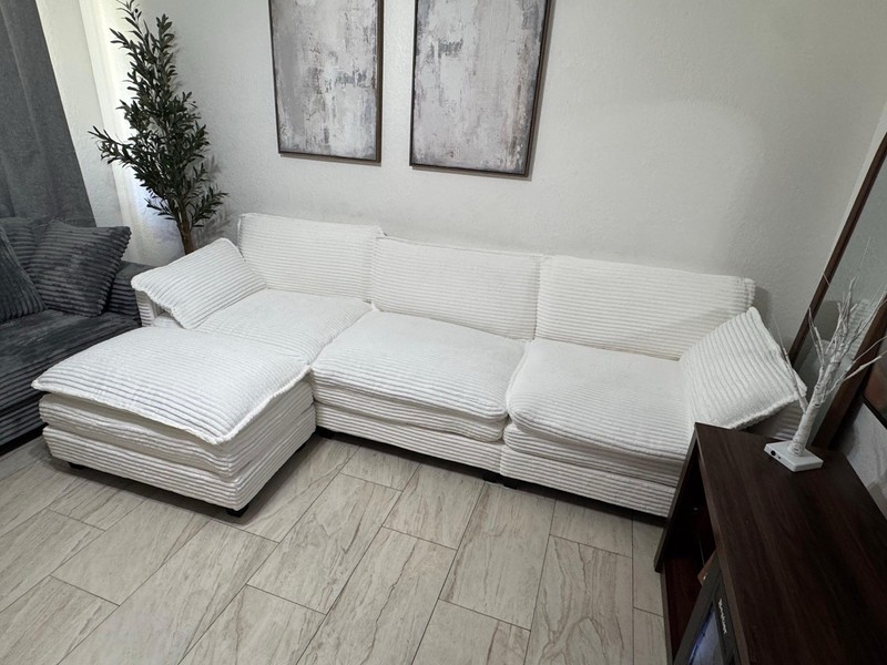 White Fabric Sectional Sofa with Chaise, 3-Seater, Modern, Black Frame gallery