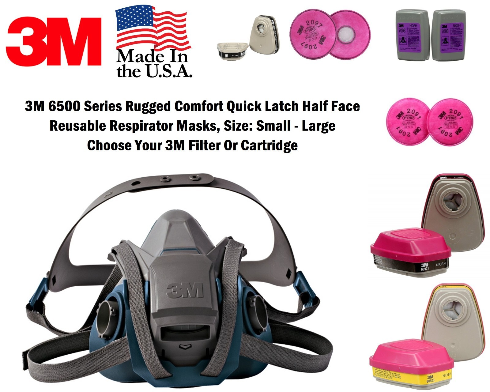 3M QUICK LATCH HALF FACE REUSABLE RESPIRATOR FACEPIECE MASK W/ CARTRIDGE OPTION gallery