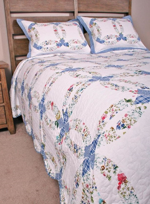 BLUE WEDDING RING Full Queen QUILT SET : COTTAGE ROMANTIC COUNTRY FLORAL GARDEN gallery