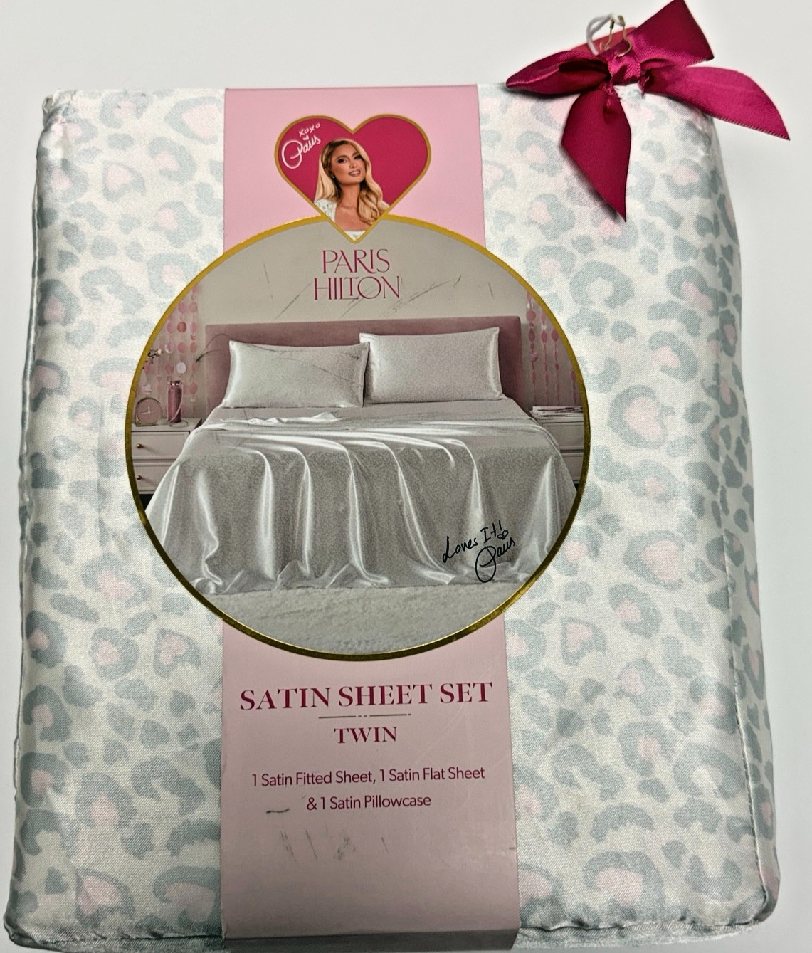 Paris Hilton | Twin | White Pink Leopard Print Satin Sheet Set New gallery