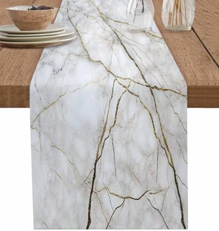 Marble Table Runner-Cotton Linen-Long 72 inche White Gray Gold Dresser Scarves,T gallery