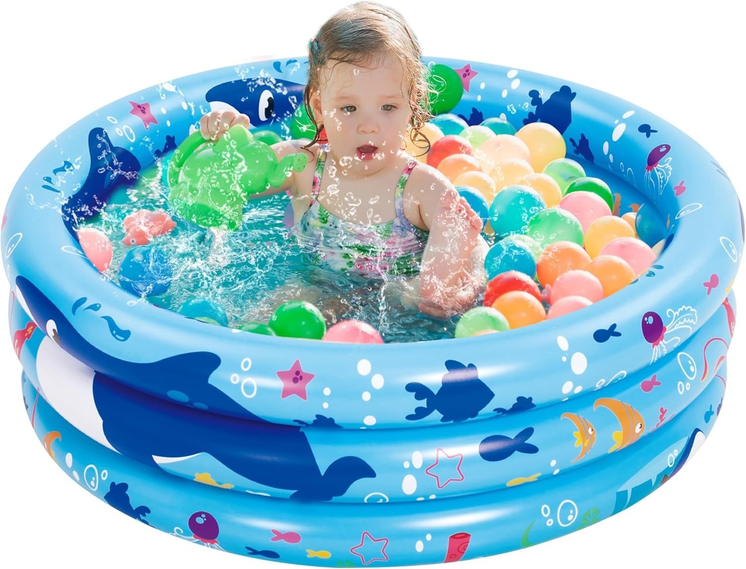 Sloosh Inflatable Kiddie Pool, 34"x10" Blow Up Kid Swimming Pool, 3 Rings Blue gallery