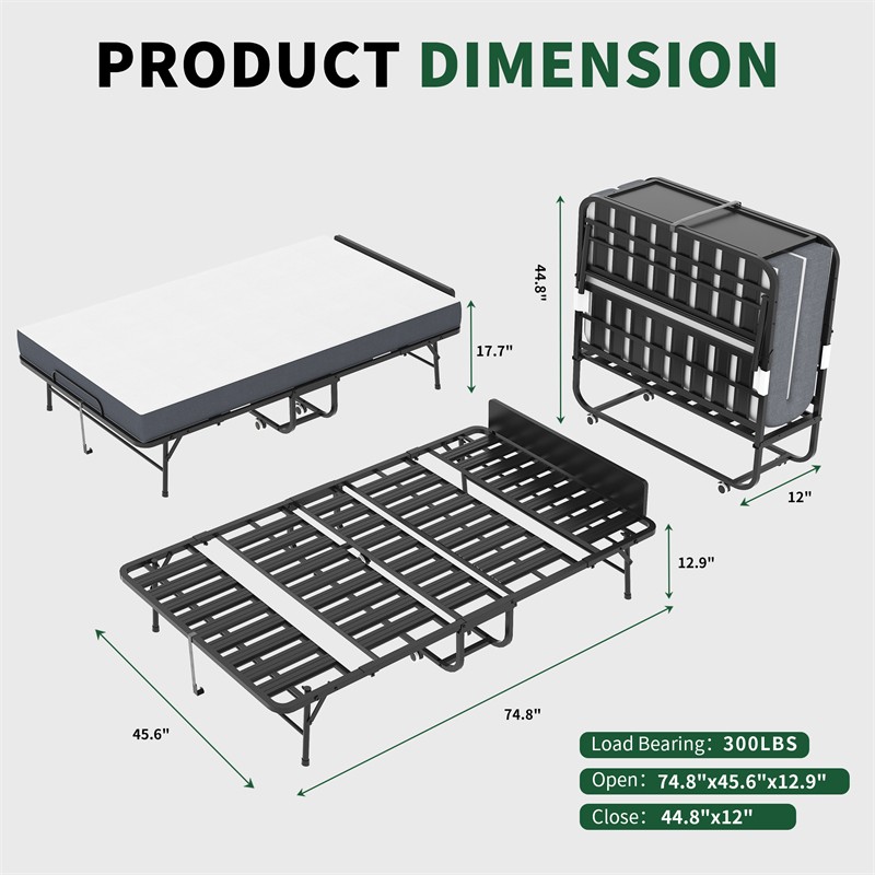 75*46 in Folding Bed with 5" Memory Foam Mattress Guest Bed Portable Rollaway gallery