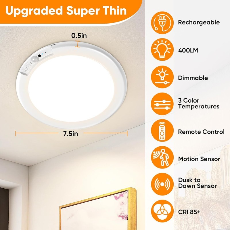 4Pack Rechargeable Motion Sensor Ceiling Light with Remote Wireless LED 3 Colors gallery