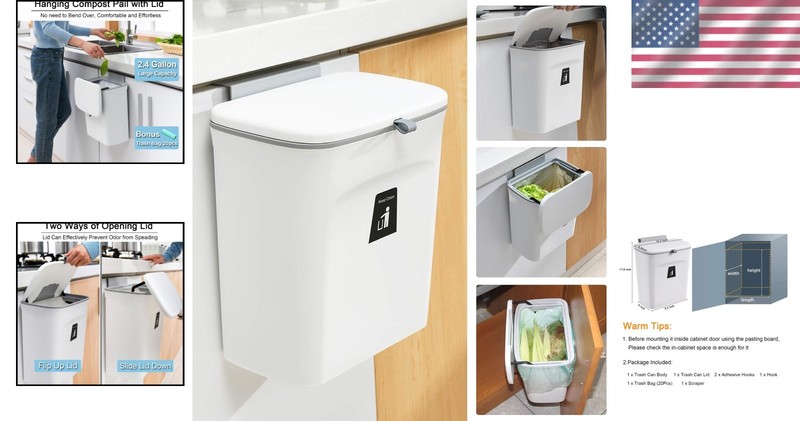 Kitchen Compost Bin 2.4 Gallon Odorless Hanging Trash Can with Lid gallery