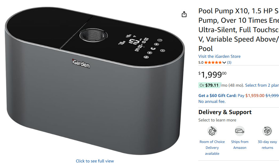 iGarden Pool Pump X10 1.5 HP Smart Inverter Touchscreen 30 dBA 7380 GPH, 230V Va