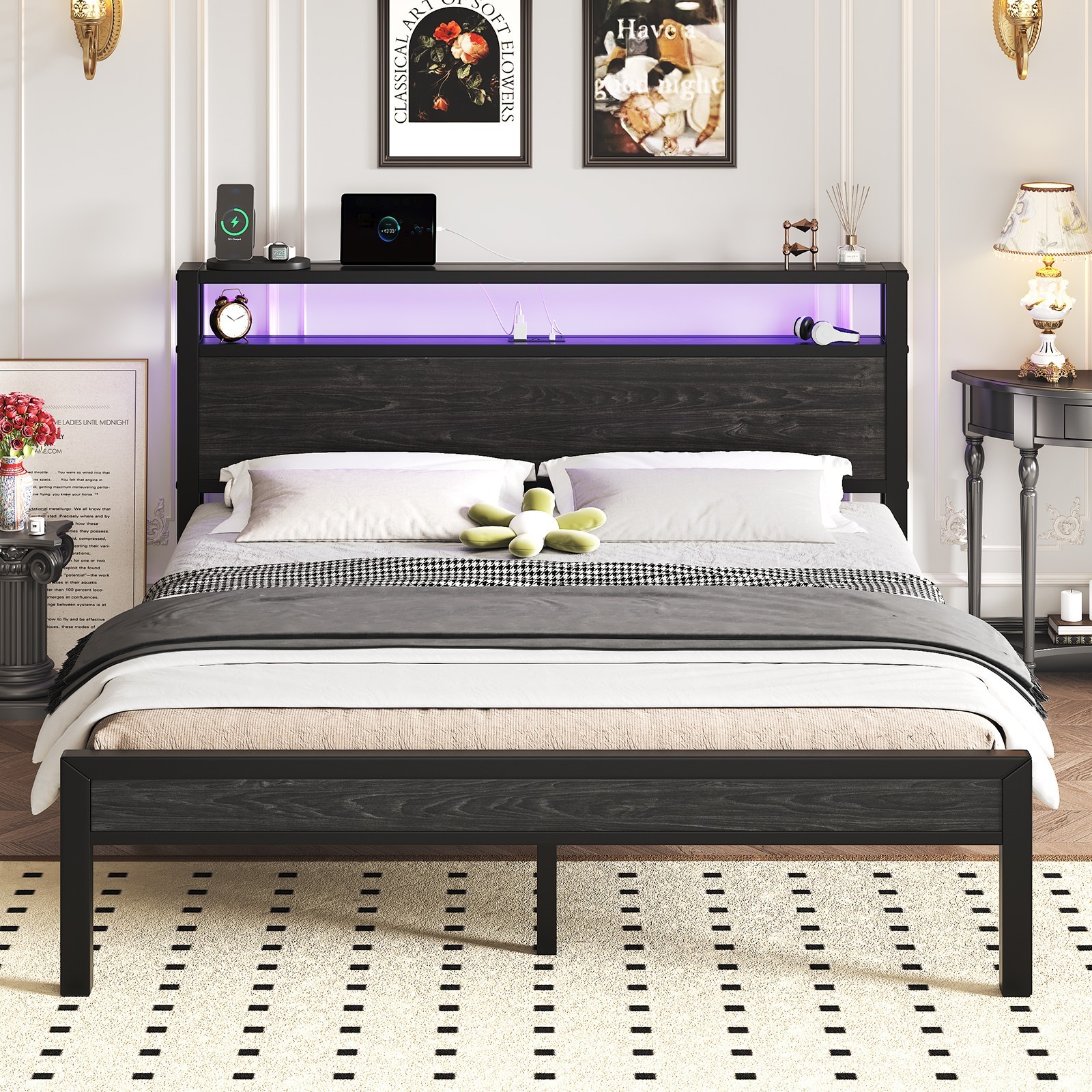 Twin/Full Size LED Light Bed Frame with 2-Tier Storage Headboard and Charging. gallery