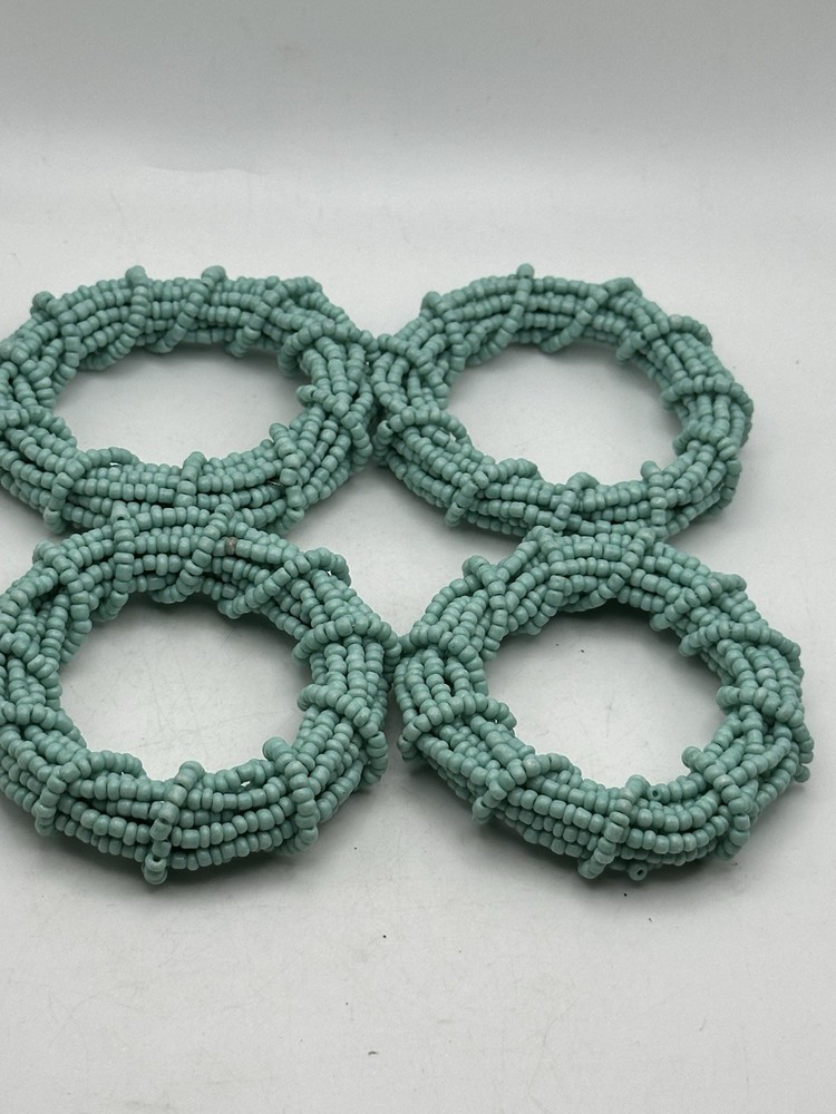 Turquoise Colored Stone Beaded Napkin Rings On Wire Heavy Duty Set Of 4