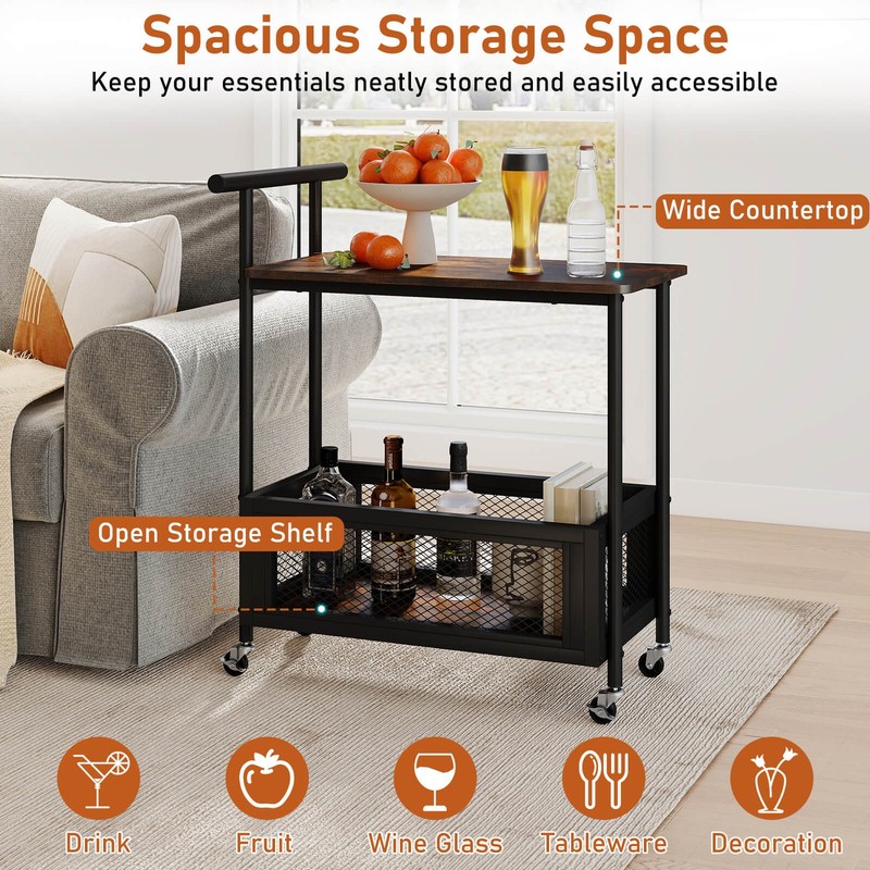 Rolling End Table w/Lockable Wheels Handle 2 Storage Shelves Industrial Bar Cart gallery