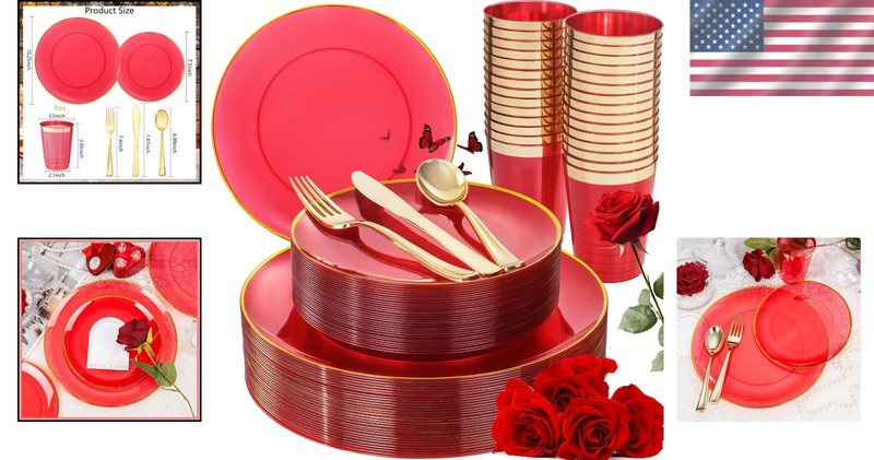 180-Pcs Red Plastic Dinnerware Set with Gold Accents - Hand Wash Only gallery