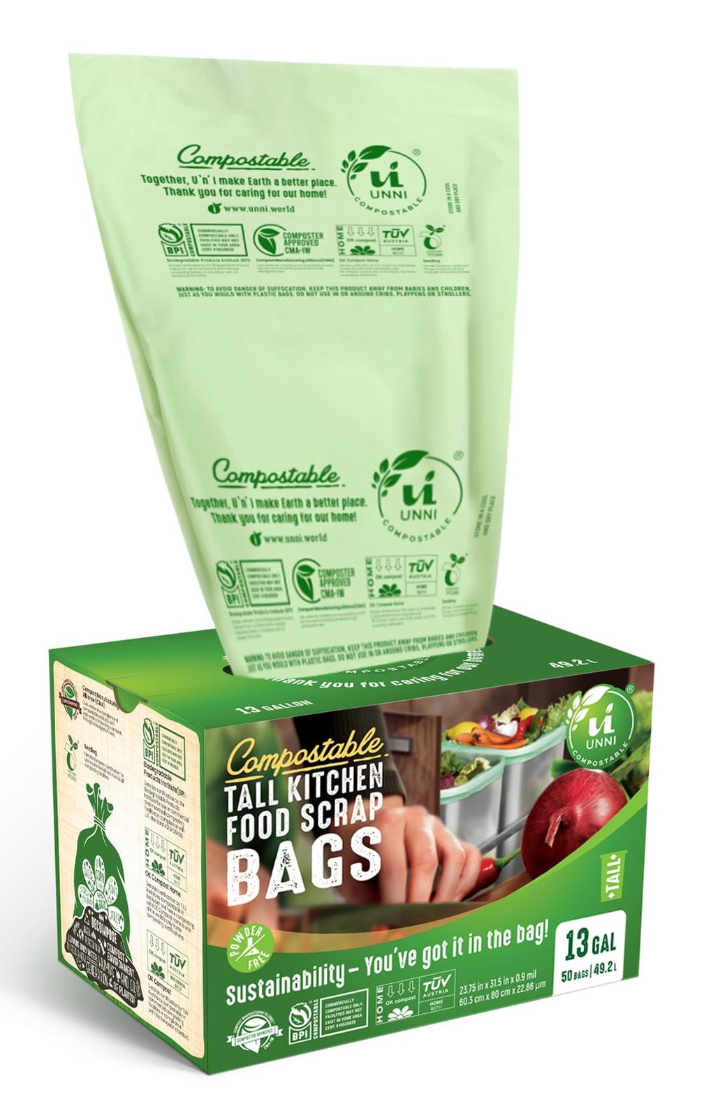 UNNI Compostable Trash Bags, 13 Gallon / 49.2 Liter, 50 Count, Extra Thick 0.... gallery