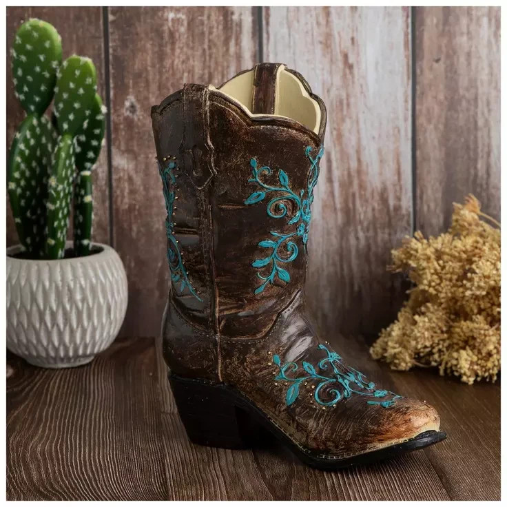 Brown & Turquoise Western Cowboy Boot Vase for Western Home Decor gallery