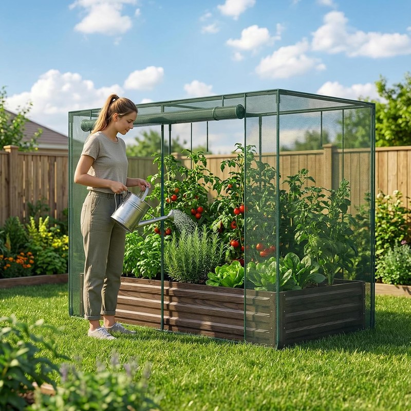 NAIZEA Galvanized Raised Garden Bed with Crop Cage Plant Protection Net Tent Kit gallery