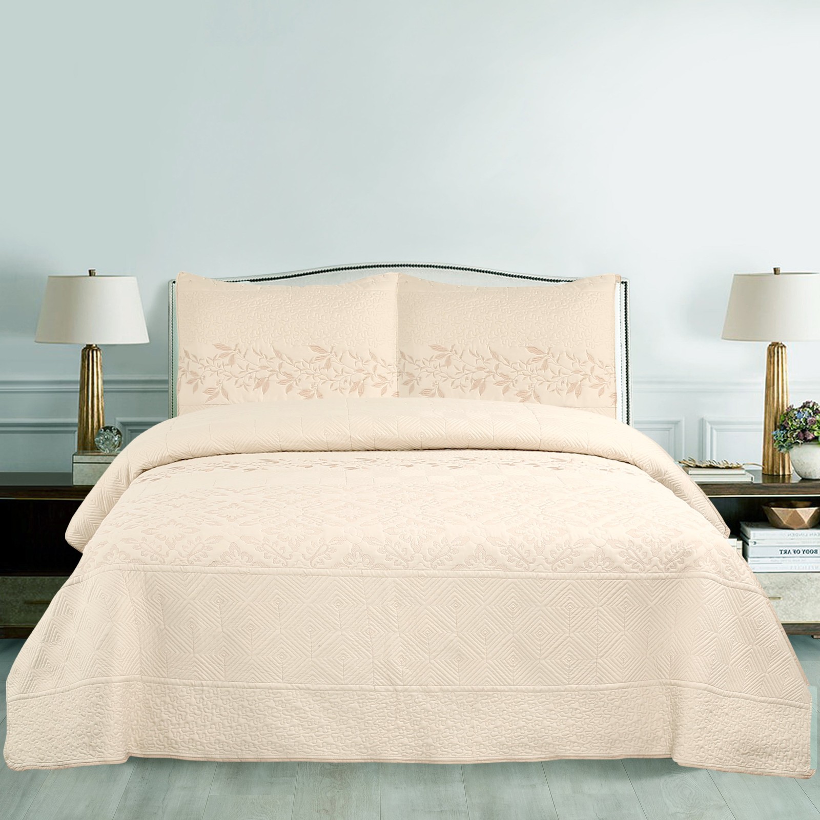 3-Piece Embroidered Quilt Set Elegant Bedspread with Textured Floral & Geometric gallery