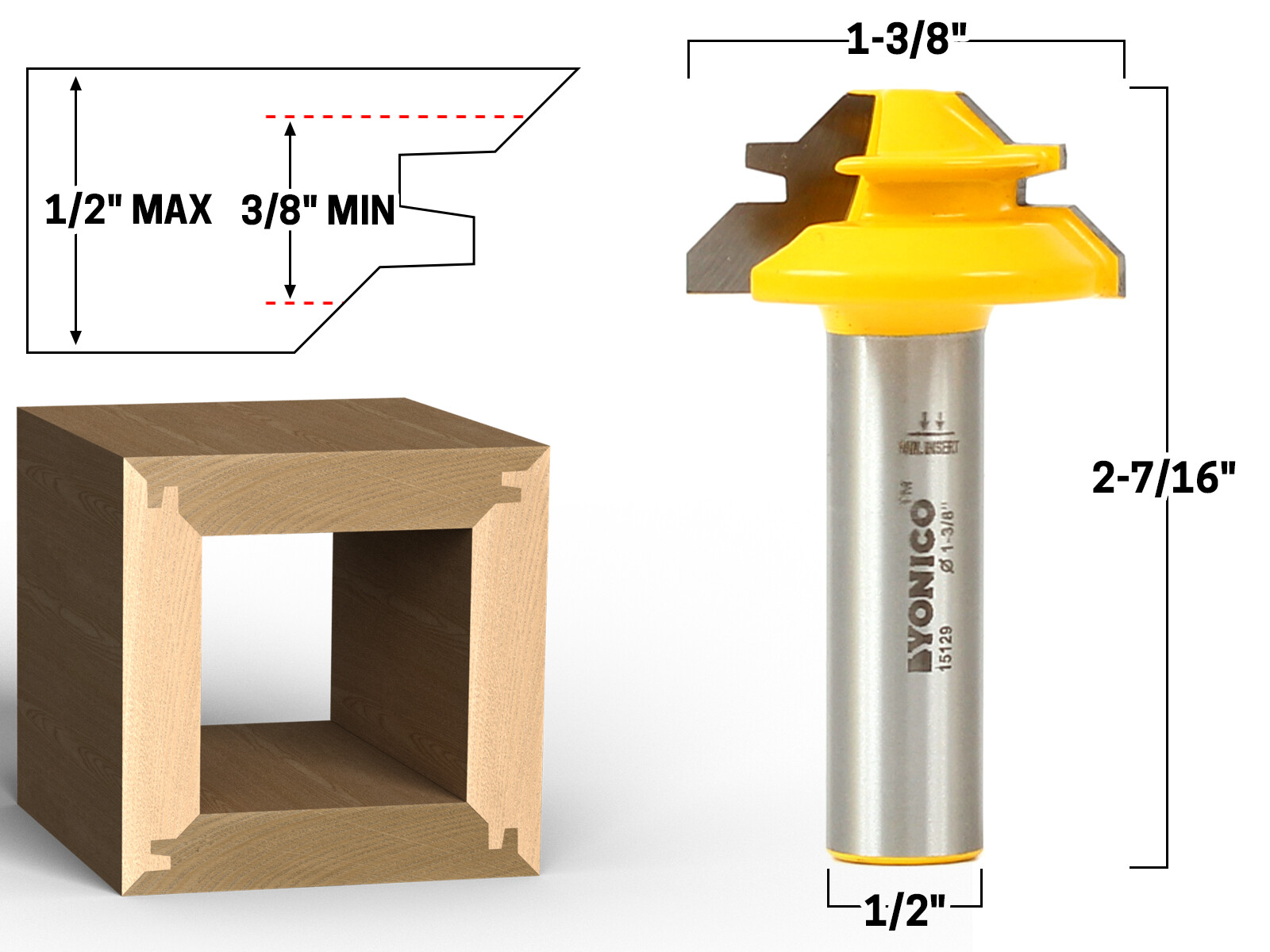45 Degree - Up to 1/2" Stock Lock Miter Router Bit - 1/2" Shank - Yonico 15129 gallery