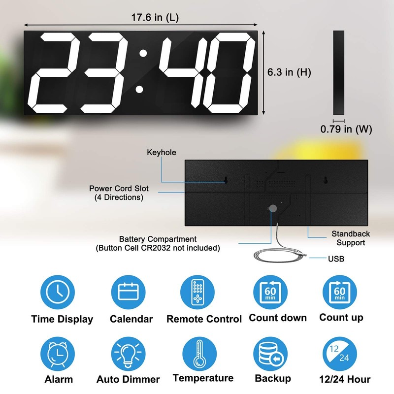 Digital LED Wall Clock, Oversize Wall Clock with 6” Numbers, Remote Control C... gallery