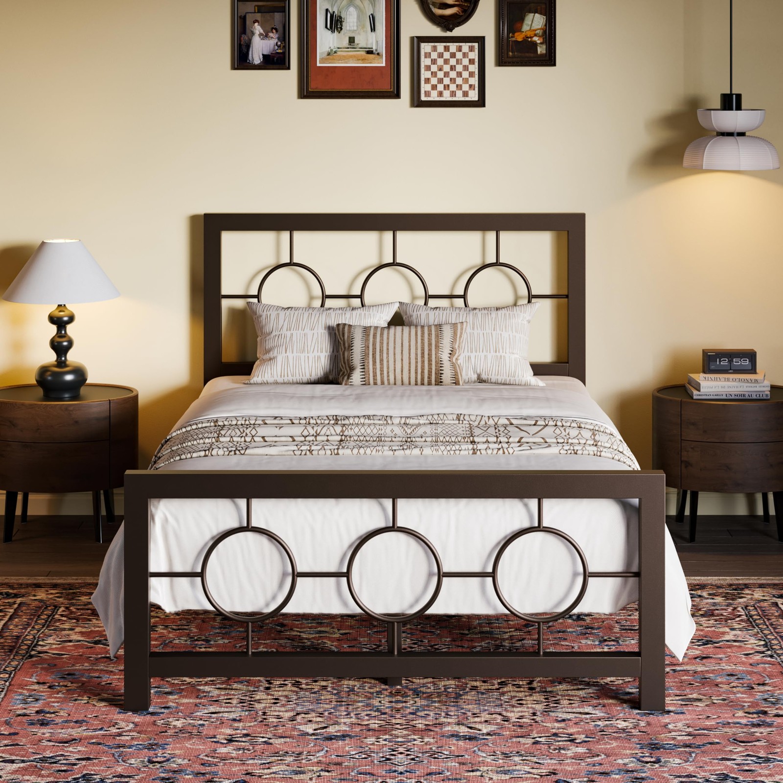 SHA CERLIN Twin Metal Bed Frame with Vintage Circular Design Headboard and Fo... gallery
