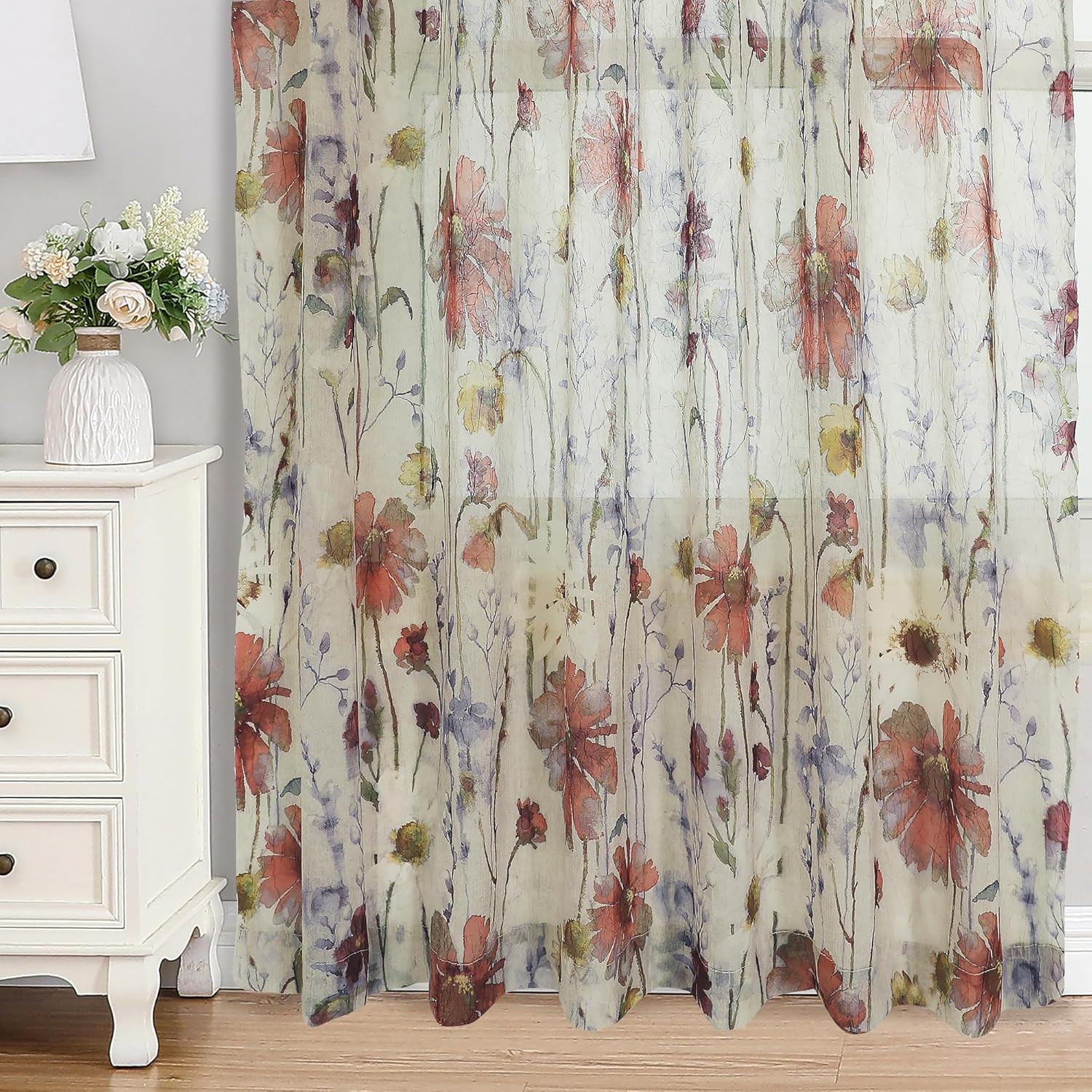 Crushed Sheer Curtains 63 Inches Length 2 Panels Set, Sheer Floral Curtians with gallery