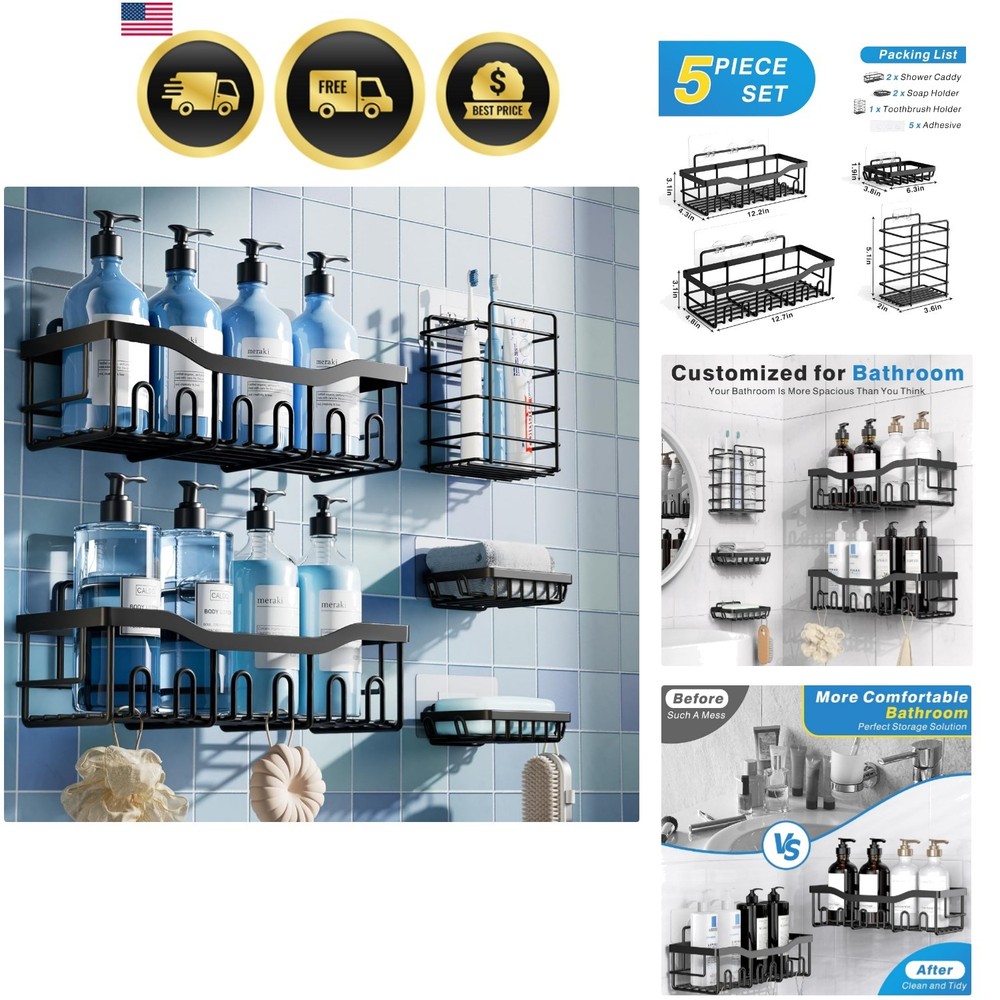5-Pack Rustproof Stainless Steel Shower Caddy Set– No Drill Adhesive Bathroom...