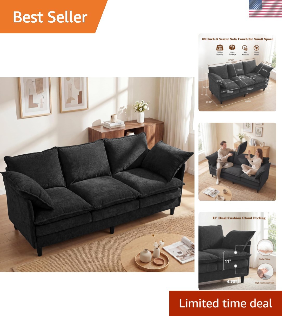 3 Seater Couch Sofa, 69" Small Couch Modern Cozy Comfy Cloud Chenille Sofa 23... gallery