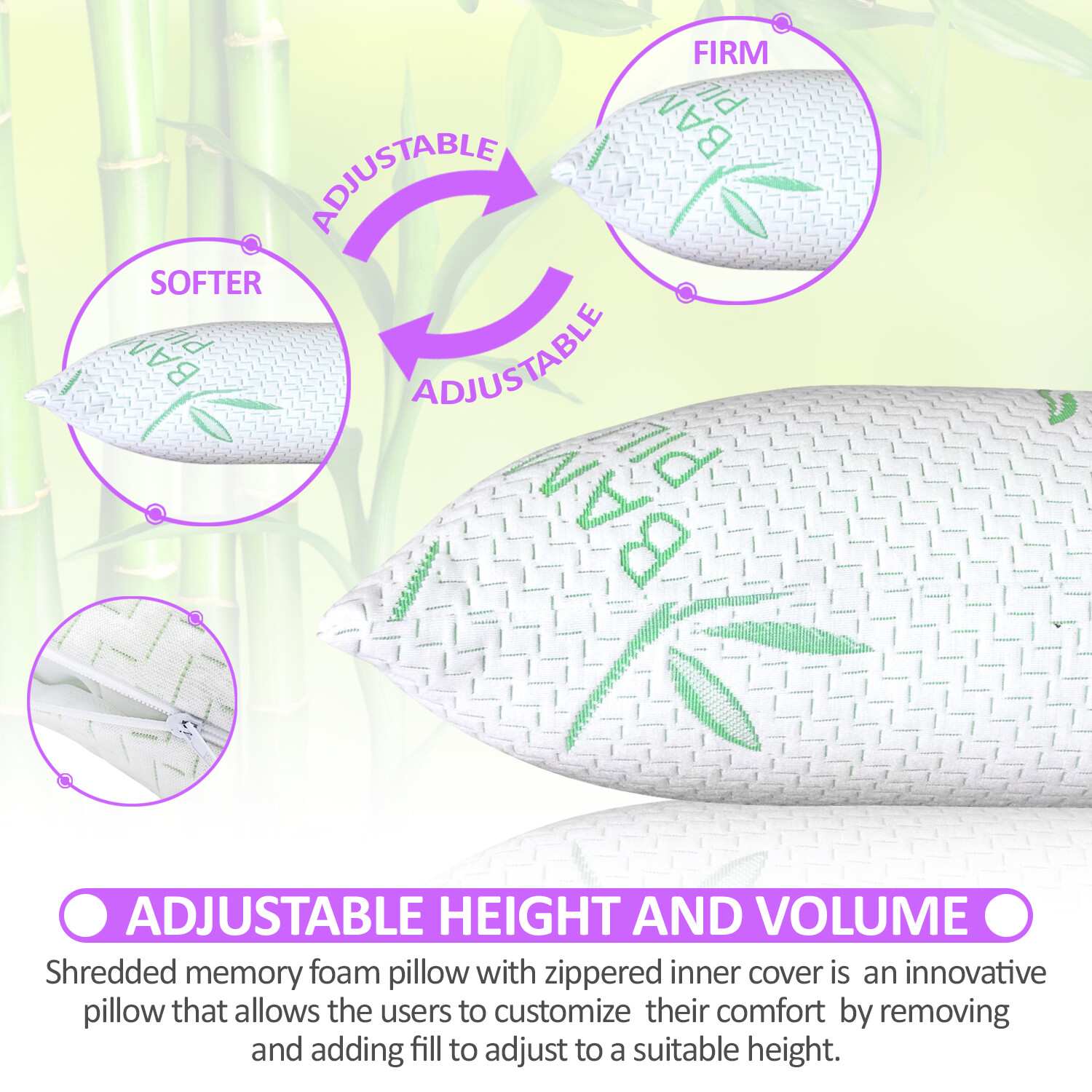 Elif Bamboo Pillows Adjustable Shredded Memory Foam Bed Pillows King or Queen gallery