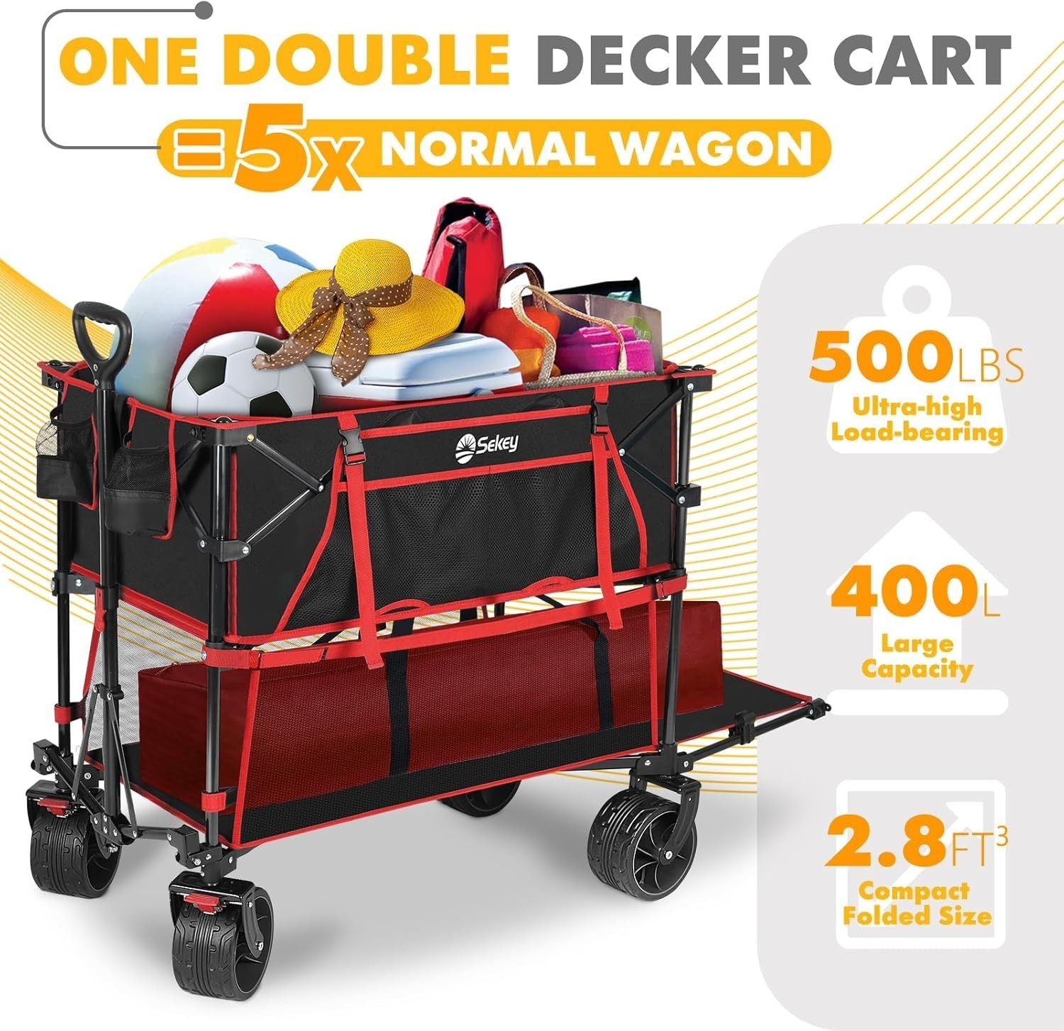 400L Large Capacity Folding Double Decker Wagon with Brakes 50" Extra Long Cart gallery